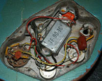 1965 Gibson EB3 bass guitar in Pelham blue. Close up of the electronics