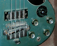 1965 Gibson EB3 bass guitar in Pelham blue. Controls, bridge and bridge pickup