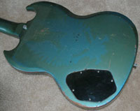 1965 Gibson EB3 bass guitar in Pelham blue. Close up of the back