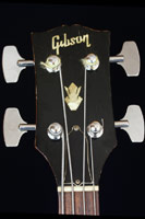 1969 Gibson EB0. Solid headstock with centered crown inlay, and inlaid Gibson logo