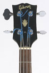 1969 Gibson EB2W. Solid headstock with centered crown inlay, and inlaid Gibson logo