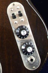 1971 Gibson SB-400 bass. Body detail - witch hat volume and tone knobs, input jack, on/off switch for each pickup