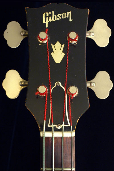 1961 Gibson EB-3 solid headstock with above-center crown inlay, and inlaid Gibson logo