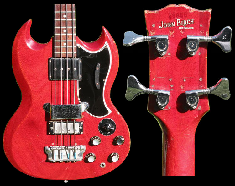 1961 Gibson EB3 with John birch customisation; lefty nut, intonatable bridge and new tuning keys. Note the John Birch decal on the rear of the headstock