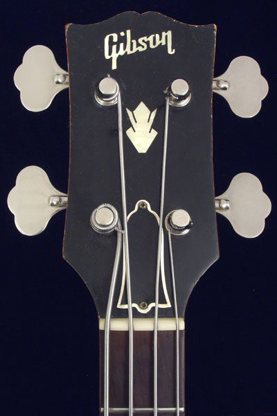1962 Gibson EB0 - Solid headstock with above-center crown inlay, and inlaid Gibson logo