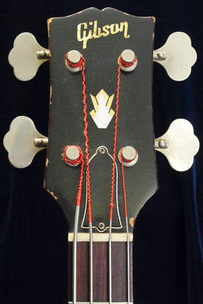 1966 Gibson EB0 solid headstock with centered crown inlay, and inlaid Gibson logo