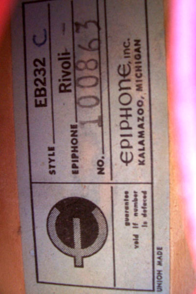 1967 Epiphone Rivoli body label detail
