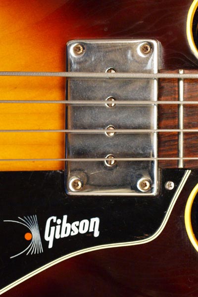 From 1965, Gibson bass humbucker covers were chrome plated, as opposed to nickel, and were slightly taller and narrower. The Gibson logo on the scratchplate is a late 1960s feature, and quite unusual, appearing on no other bass model