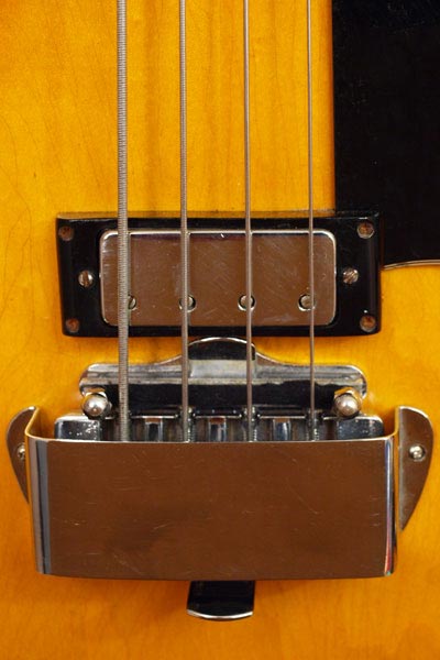 1968 Gibson EB2D bass - bridge, mute, and mini-humbucker detail