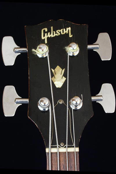 1969 Gibson EB0 Solid headstock with centered crown inlay, and inlaid Gibson logo