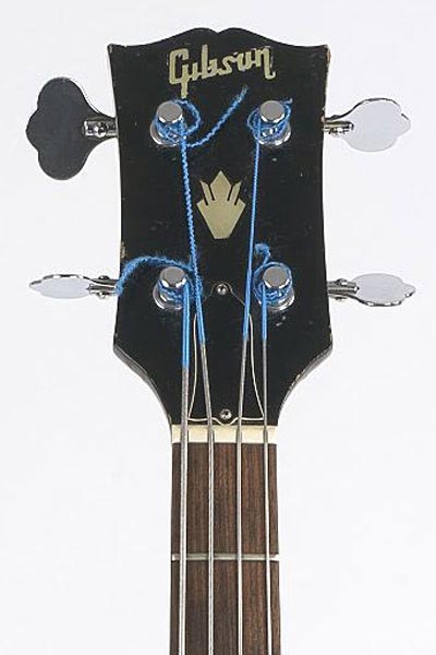 1969 Gibson EB2W - Solid headstock with centered crown inlay, and inlaid Gibson logo