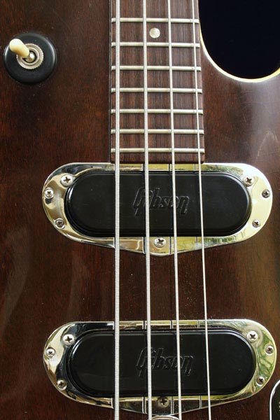 1969 Les Paul bass. Body detail - low impedance pickups
