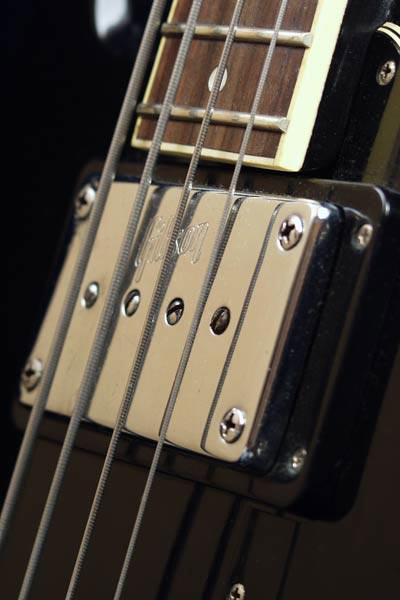 1971 Gibson EB3L. Body detail - bridge cover, and the bridge humbucking pickup