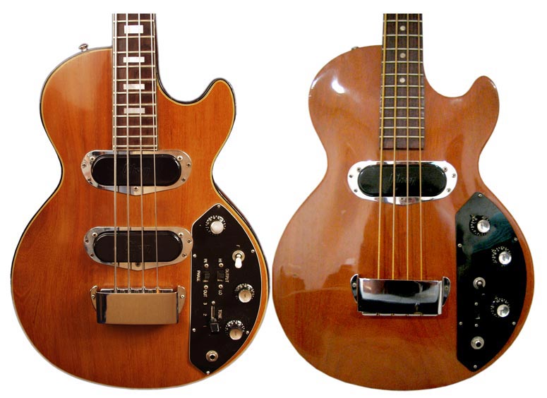 Comparison between 1971 Gibson Triumph bass prototype (right) and 1972 production version (left)