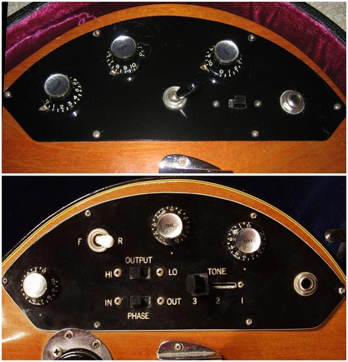 The simplified controls of the single pickup prototype Gibson Triumph bass (top) and the dual pickup production model (below)