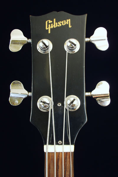 1972 Gibson EB3. Headstock detail with Gibson logo.