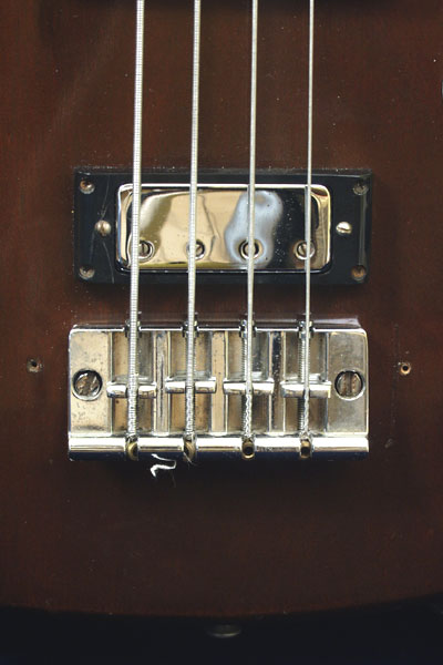 1972 Gibson EB3. Bridge detail, in this case the 2 point bridge, and the bridge humbucking pickup