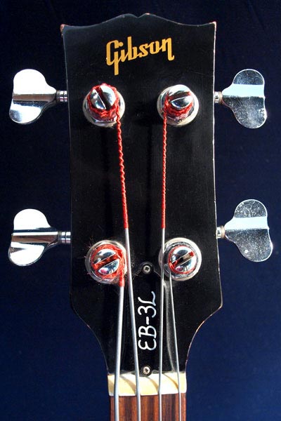 1972 Gibson EB-3L bass headstock with Gibson logo and crown inlays