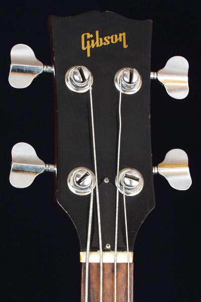 1973 Gibson EB4L. Body detail - headstock with Gibson transfer