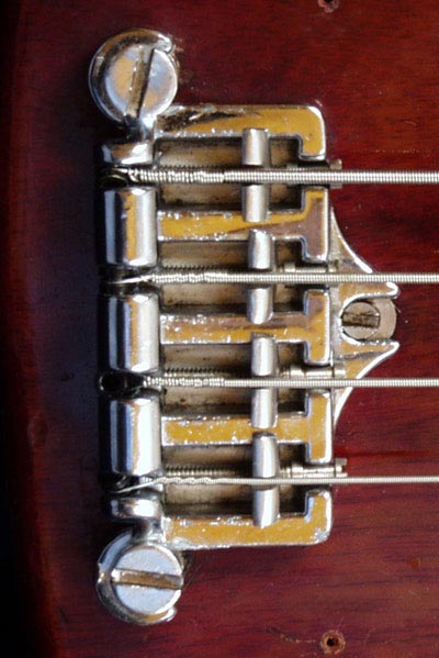 1973 Gibson EB4L. Bridge detail, in this case the newly designed 3 point bridge