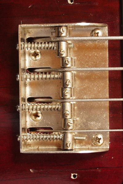 1975 Gibson Grabber bass. Bridge detail, the Grabber had a very different bridge to other 1970s Gibsons