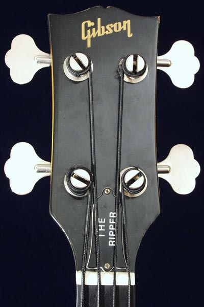 1977 Gibson Fretless Ripper. Body detail - headstock with Gibson logo