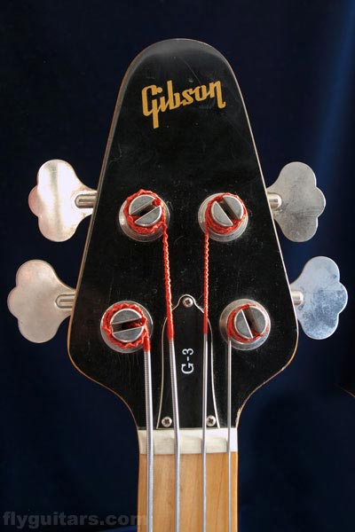 1978 Gibson G3 bass. Headstock with Gibson logo, and G-3 truss rod cover