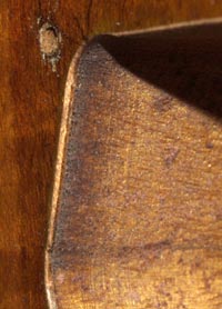 Close-up of the maple veneer on the top of this bass