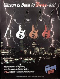 Gibson is back to bass-ics. 1987 Gibson advert for the 20/20, Gibson IV, Gibson V and Q80