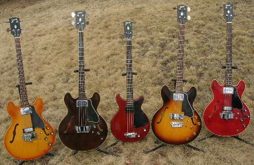 A nice array of Gibson EB2 basses, photo Stuart Lorriman