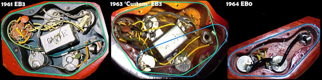 Control panel shapes for the early sixties Gibson solid body EB basses. From left to right:1961 EB3, 1963 Custom order EB3, 1964 EB0