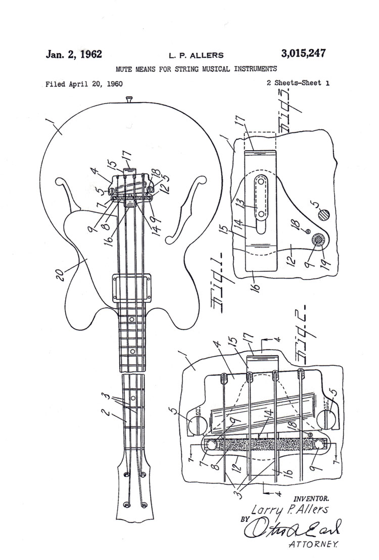 Gibson EB mute patent, filed 1960, granted 1962 - page 1