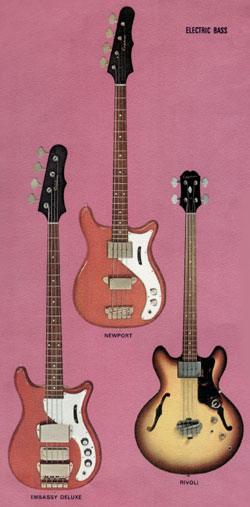 Three Epiphone electric basses. The Embassy, the Newport, and the Rivoli