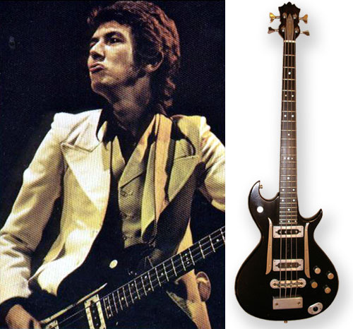 Left: Ronnie Lane plays his Zemaitis bass, and Right: the bass today