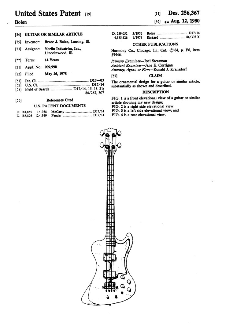 Design patent 256367 - Gibson RD Artist bass, Bruce Bolen, Norlin page 1