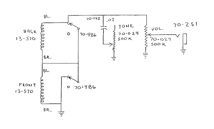 Gibson SB-300 / SB-400 bass and SG-200 / SG-250 / ES-320 circuit schematic