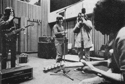 Andromeda in Trident studios with John Peel, 1968. From left to right: Mick Hawksworth, Ian McLane, John Peel and John Cann.