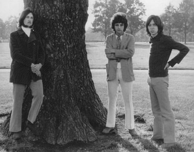 Early publicity shot of Andromeda - taken on Clapham Common. From left to right: Mick Hawksworth, John Cann, Jack Collins