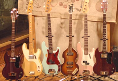 The main studio basses played by Andy Hess: shortscale Gibson EB0, Fender Telecaster bass, Precision, Hofner Violin bass, another Precision, and finally a longscale EB, the Gibson EB0L