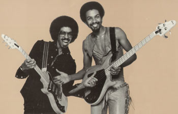 The Brothers Johnson - Louis Johnson with a Gibson Grabber bass, and his brother George with a one-off left-handed S-1