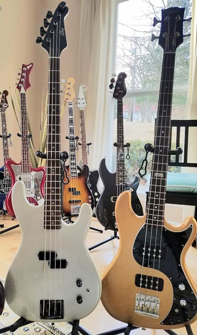 The Silver Heritage HB-1 bass, alongside an active Gibson EB