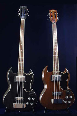 Two Gibson EB3 basses: 1971 (walnut finish), and a 1971 EB3L (ebony)