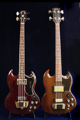 Two Gibson EB3s: 1969 (Cherry finish), and a 1972 (walnut)