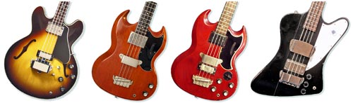 Vintage Gibson bass guitars: Gibson EB-2, Gibson EB-0, Gibson EB-3 and Gibson Thunderbird