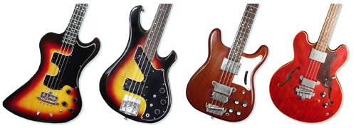 Vintage Gibson bass guitars: Gibson RD Artist bass, Gibson Victory Artist, Epiphone Newport Deluxe and Epiphone Rivoli