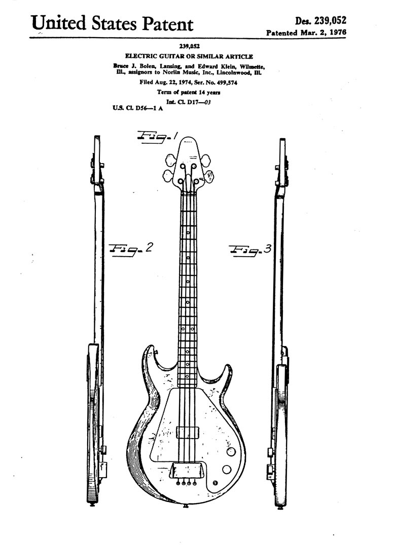 Gibson Grabber bass patent, filed 1974, granted 1976 - page 1