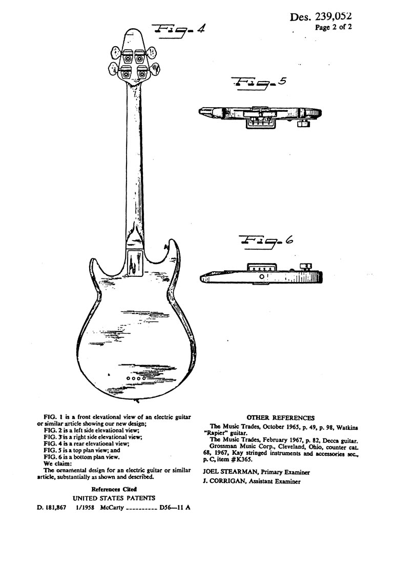 Gibson Grabber bass patent, filed 1974, granted 1976 - page 2
