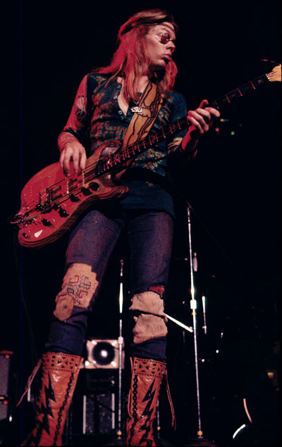 Jack Casady playing his Alembic bass, Califrnia, 1972. Photo Jim Mead