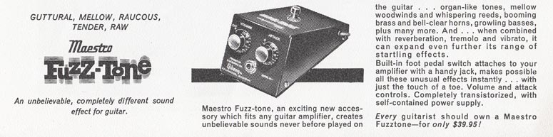 1962 advertisement for the Maestro FZ-1 Fuzz-Tone pedal