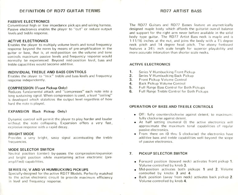 1977 RD 77 bass users manual, pages 2-3